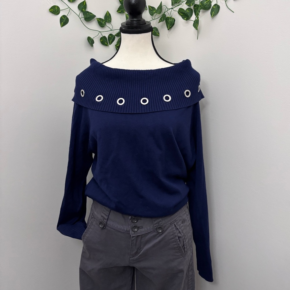 LA Bella Navy Lightweight Sweater Grommet Eyelet Off/One Shoulder Size L